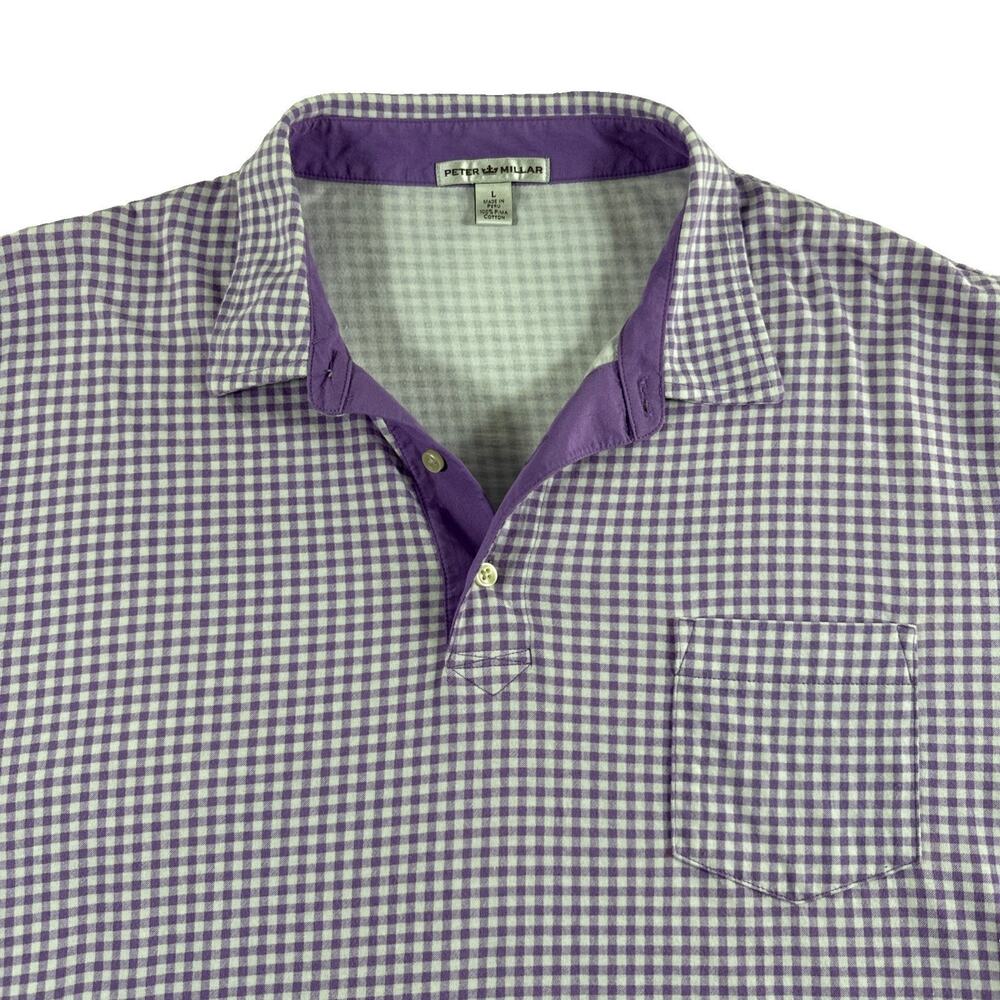 Peter Millar Pima Cotton Polo Shirt Purple Gingham Check Short Sleeve Mens L